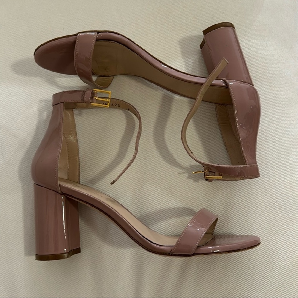 Stuart Weitzman “Less Nudist 75” Patent Leather Block Heel Sandals, Sz 9M - Picture 2 of 11